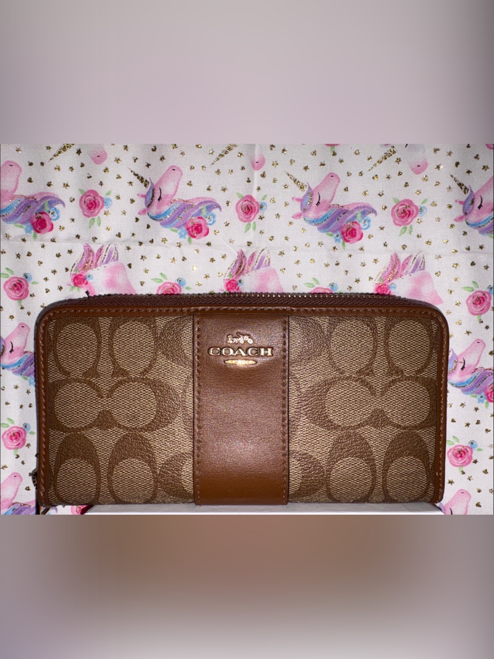 COACH Brown Signature Zip-Around Wallet with Leather Trim